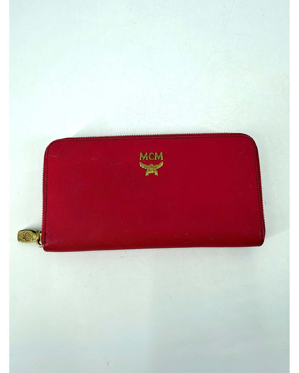 MCM Red Saffiano Leather Zip Around Continental Wallet Gold